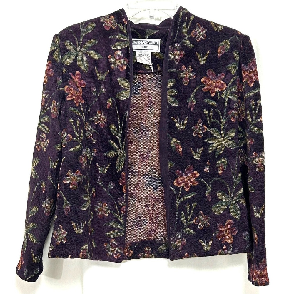 Vintage Jessica Howard Open Front Blazer Plum Floral Tapestry‎ Petite Size 12